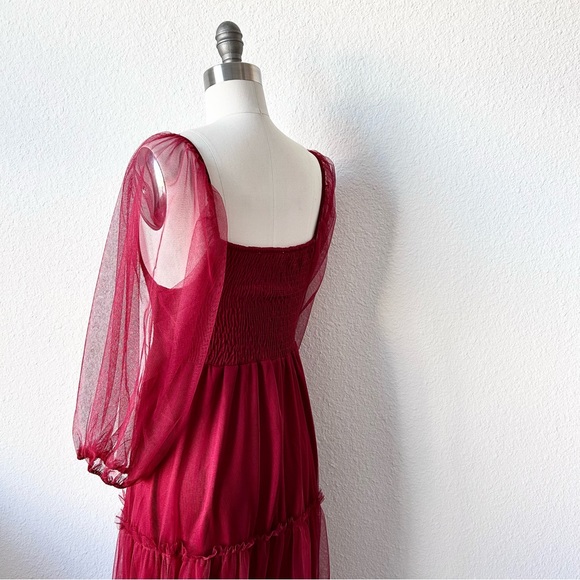 HOLIDAY BALLERINA WINE RED MESH LONG SLEEVE MIDI DRESS - Picture 5 of 9